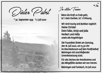 Traueranzeige von Dieter Pabst von Südthüringer Presse