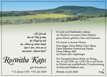 Traueranzeige von Roswitha Kaps von Südthüringer Presse