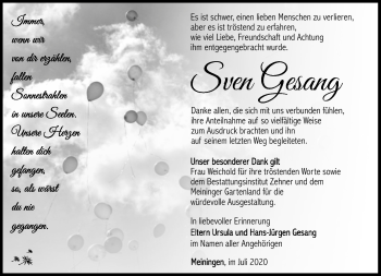 Traueranzeige von Sven Gesang von Südthüringer Presse