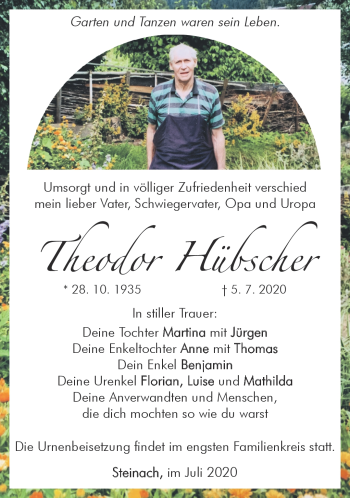 Traueranzeige von Theodor Hübscher von Südthüringer Presse
