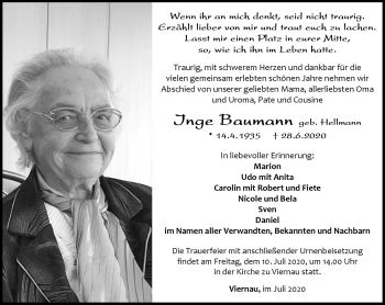 Traueranzeige von Inge Baumann von Südthüringer Presse