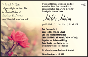 Traueranzeige von Hilde Heim von Südthüringer Presse
