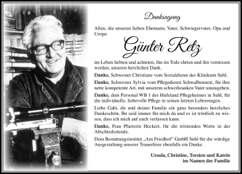 Traueranzeige von Günter Retz von Südthüringer Presse