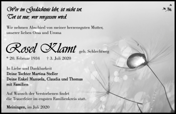 Traueranzeige von Rosen-Marie Klamt von Südthüringer Presse
