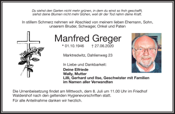 Traueranzeige von Manfred Greger von Frankenpost