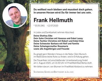Traueranzeige von Frank Hellmuth von Südthüringer Presse