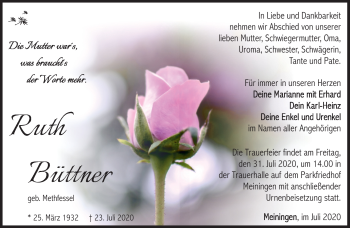 Traueranzeige von Ruth Büttner von Südthüringer Presse