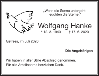 Traueranzeige von Wolfgang Hanke von Frankenpost