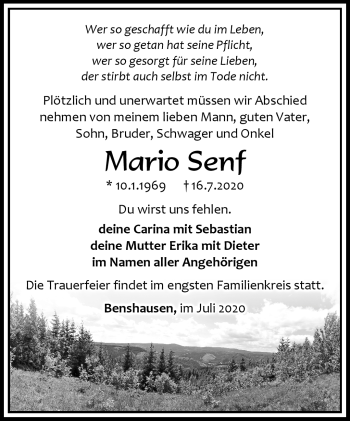 Traueranzeige von Mario Senf von Südthüringer Presse