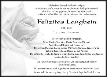 Traueranzeige von Felizitas Langbein von Südthüringer Presse