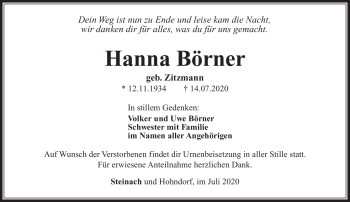Traueranzeige von Hanna Börner von Südthüringer Presse