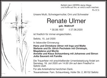Traueranzeige von Renate Ulmer von Frankenpost