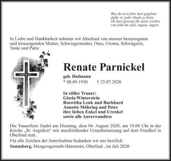 Traueranzeige von Renate Parnickel von Südthüringer Presse