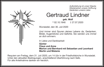 Traueranzeige von Gertraud Lindner von Frankenpost