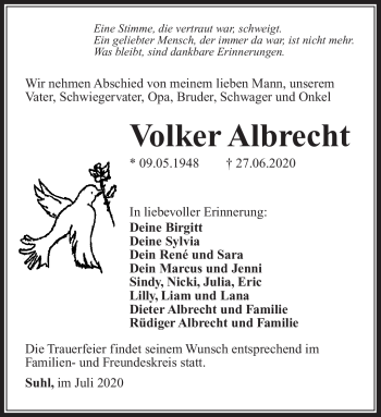 Traueranzeige von Volker Albrecht von Südthüringer Presse