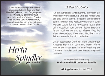Traueranzeige von Herta Spindler von Südthüringer Presse