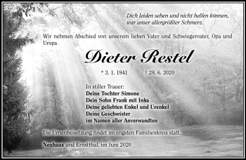 Traueranzeige von Dieter Restel von Südthüringer Presse