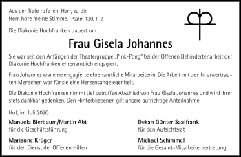 Traueranzeige von Gisela Johannes von Frankenpost
