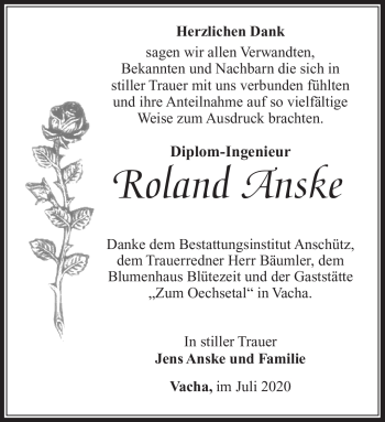 Traueranzeige von Roland Anske von Südthüringer Presse