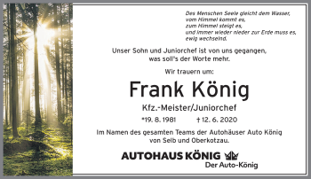 Traueranzeige von Frank König von Frankenpost