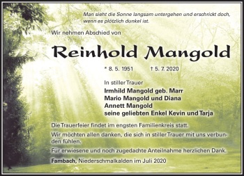 Traueranzeige von Reinhold Mangold von Südthüringer Presse