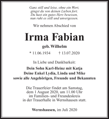 Traueranzeige von Irma Fabian von Südthüringer Presse