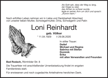 Traueranzeige von Loni Reinhardt von Neue Presse Coburg
