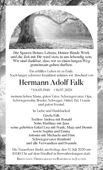 Traueranzeige von Hermann Adolf Falk von Südthüringer Presse
