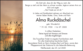 Traueranzeige von Alma Ruckdäschel von Frankenpost