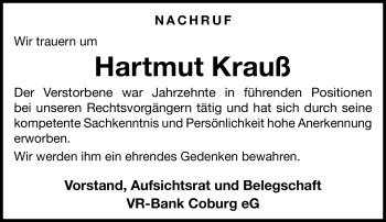Traueranzeige von Hartmut Krauß von Neue Presse Coburg
