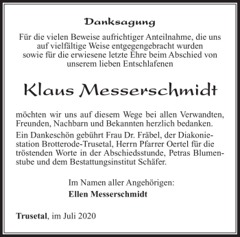 Traueranzeige von Klaus Messerschmidt von Südthüringer Presse