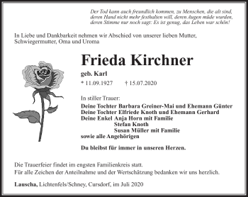 Traueranzeige von Frieda Kirchner von Südthüringer Presse