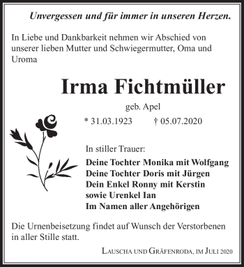 Traueranzeige von Irma Fichtmüller von Südthüringer Presse