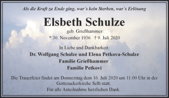 Traueranzeige von Elsbeth Schulze von Frankenpost