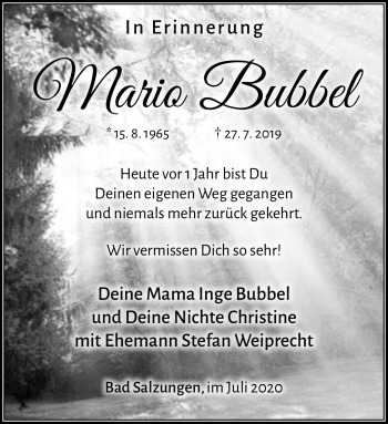 Traueranzeige von Mario Bubbel von Südthüringer Presse