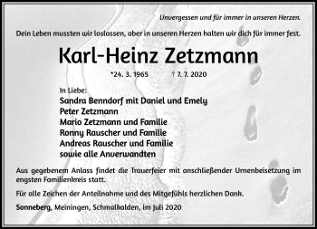 Traueranzeige von Karl-Heinz Zetzmann von Südthüringer Presse