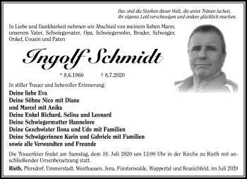 Traueranzeige von Ingolf Schmidt von Südthüringer Presse