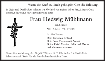 Traueranzeige von Hedwig Mühlmann von Frankenpost