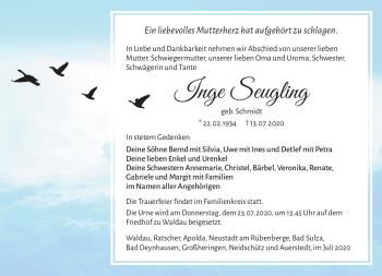 Traueranzeige von Inge Seugling von Südthüringer Presse
