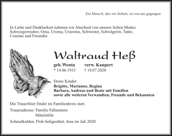 Traueranzeige von Waltrauß Heß von Südthüringer Presse