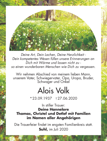 Traueranzeige von Alois Volk von Südthüringer Presse