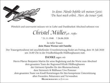 Traueranzeige von Christel Müller von Südthüringer Presse