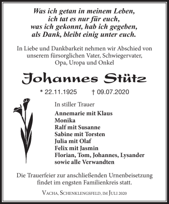 Traueranzeige von Johannes Stütz von Südthüringer Presse