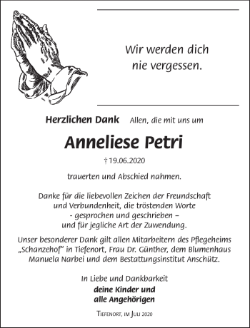 Traueranzeige von Anneliese Petri von Südthüringer Presse