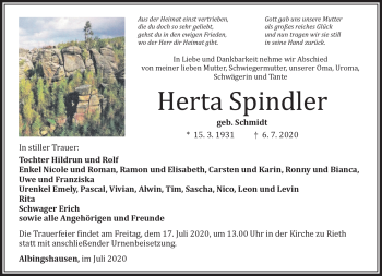 Traueranzeige von Herta Spindler von Südthüringer Presse