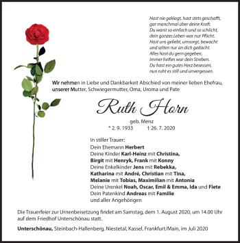 Traueranzeige von Ruth Horn von Südthüringer Presse