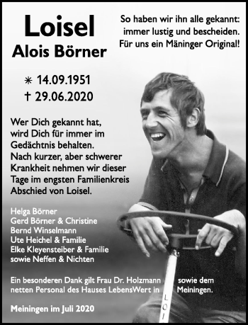 Traueranzeige von Alois Börner von Südthüringer Presse
