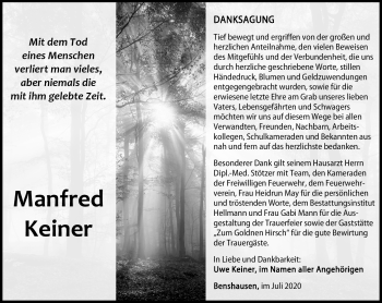 Traueranzeige von Manfred Keiner von Südthüringer Presse