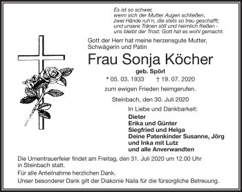 Traueranzeige von Sonja Köcher von Frankenpost