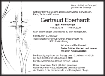 Traueranzeige von Gertraud Eberhardt von Frankenpost